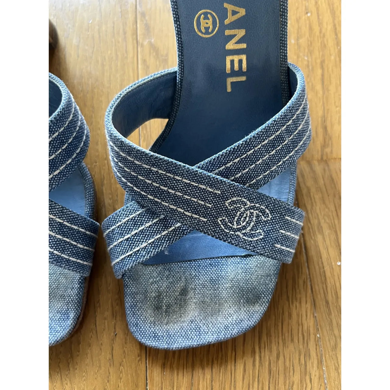 Blue denim mules