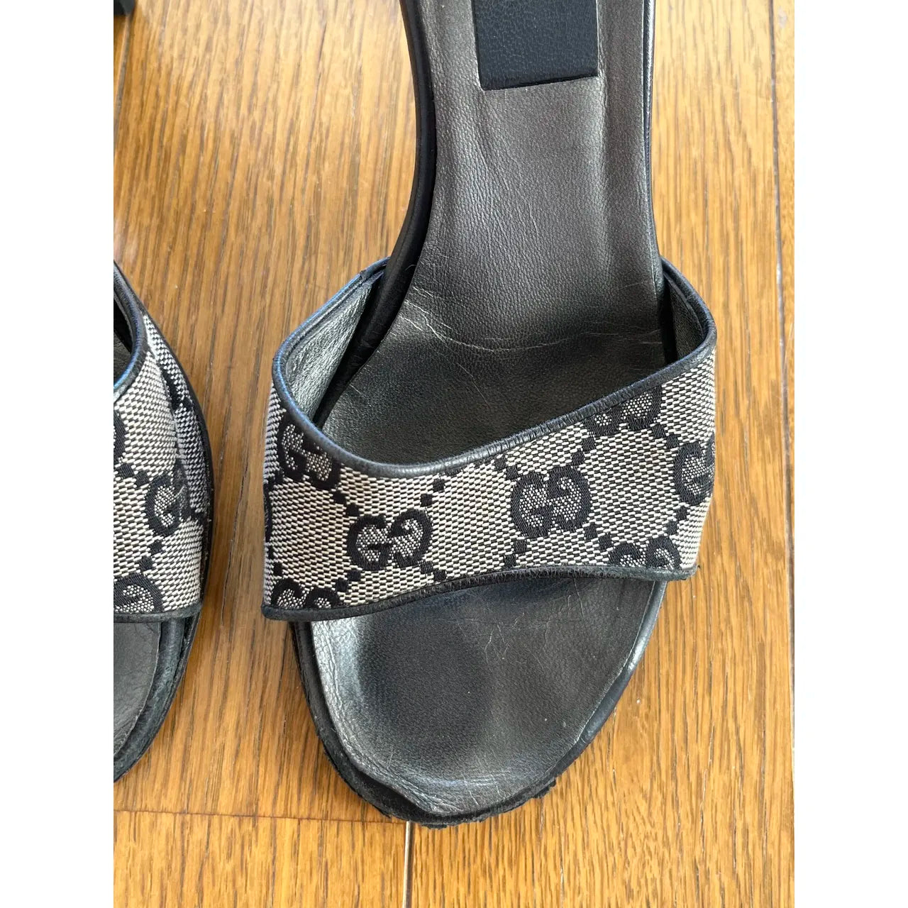 Black and grey denim mules
