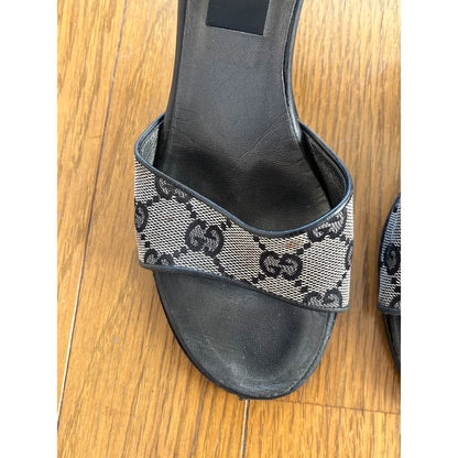 Black and grey denim mules