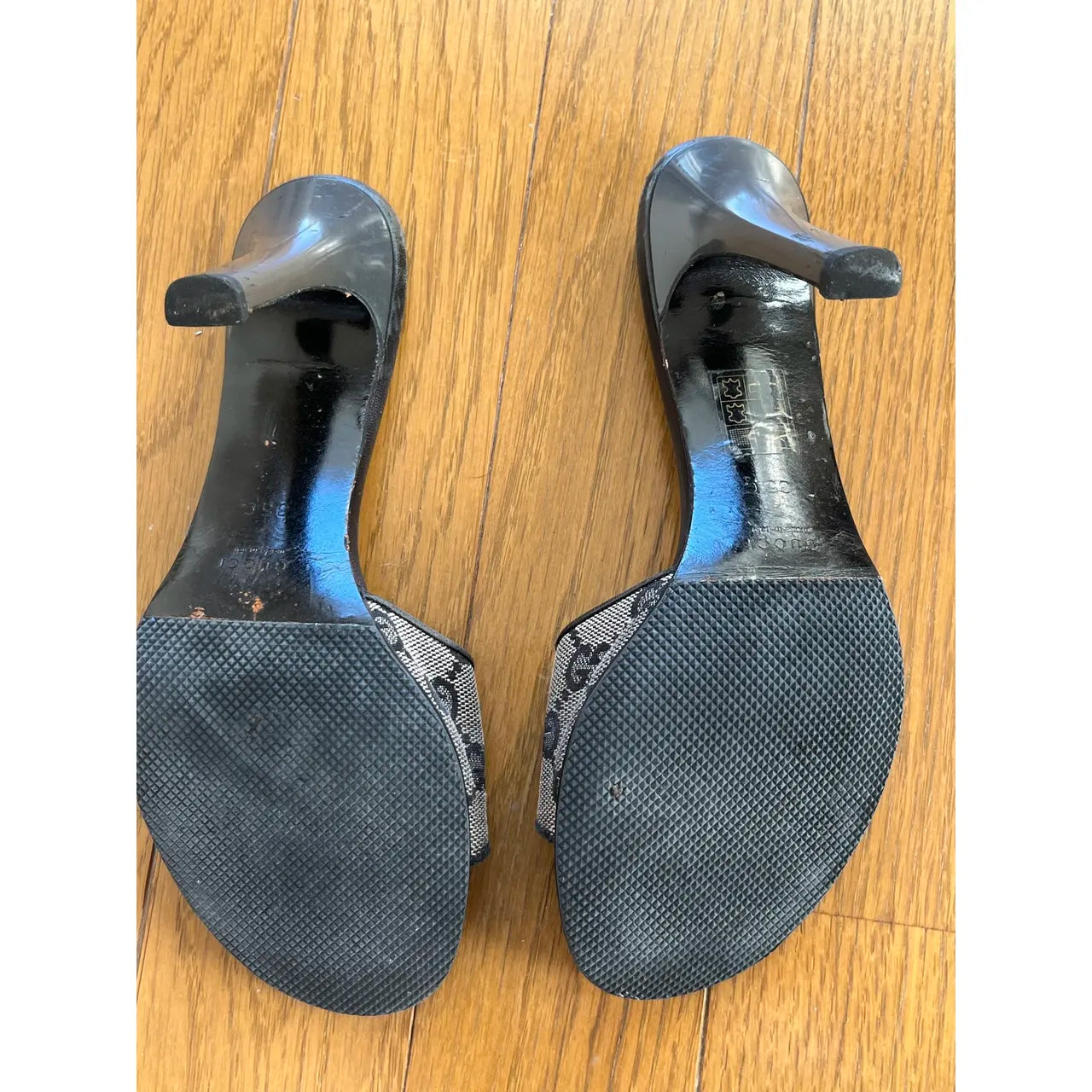 Black and grey denim mules