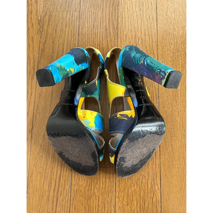 Beach-print silk slingbacks