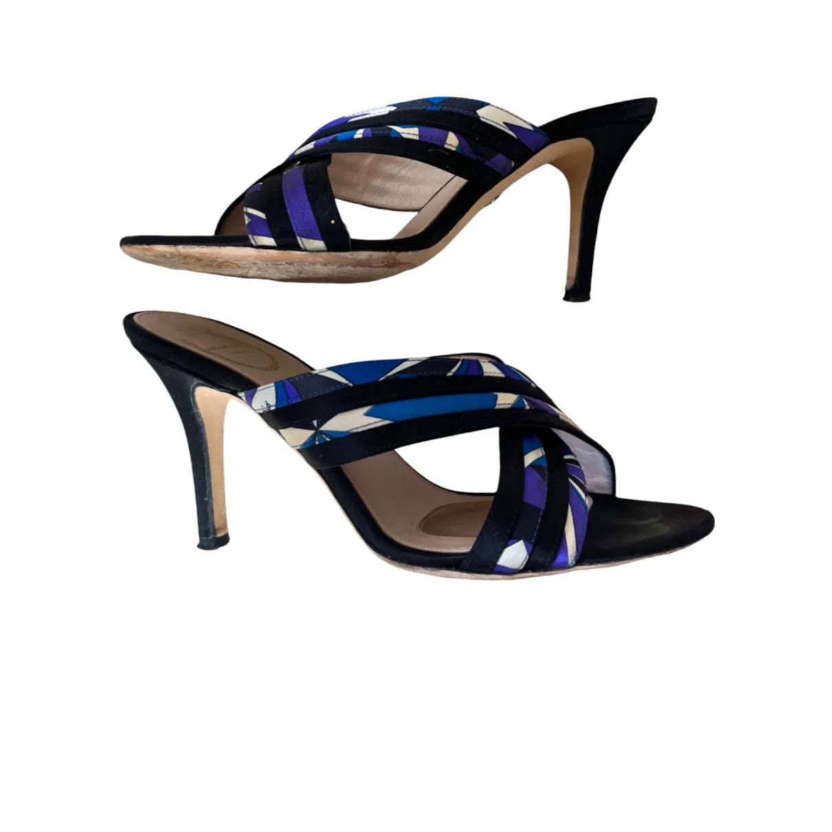 Heeled mules in printed silk