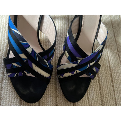 Heeled mules in printed silk