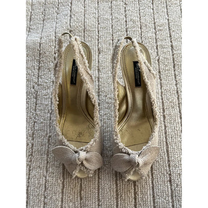 Bow mules in beige tweed