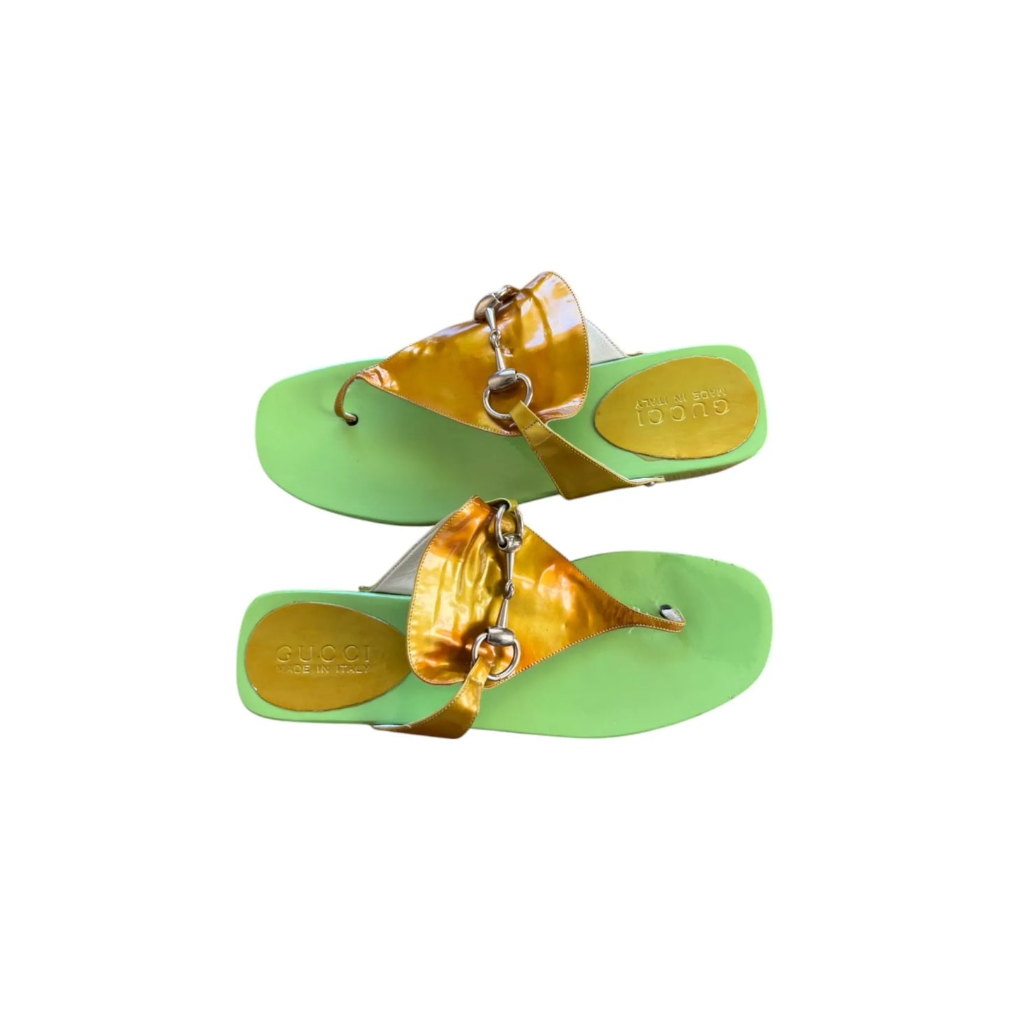 Thong sandals in green and gold